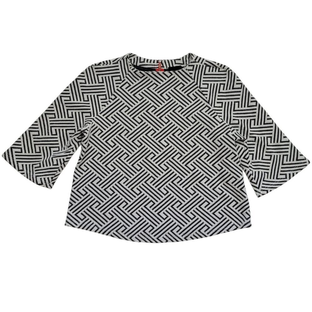W5 Blouse Geometric Print Boxy Fit Black White 3/4 Sleeve Large Retro Minimalist